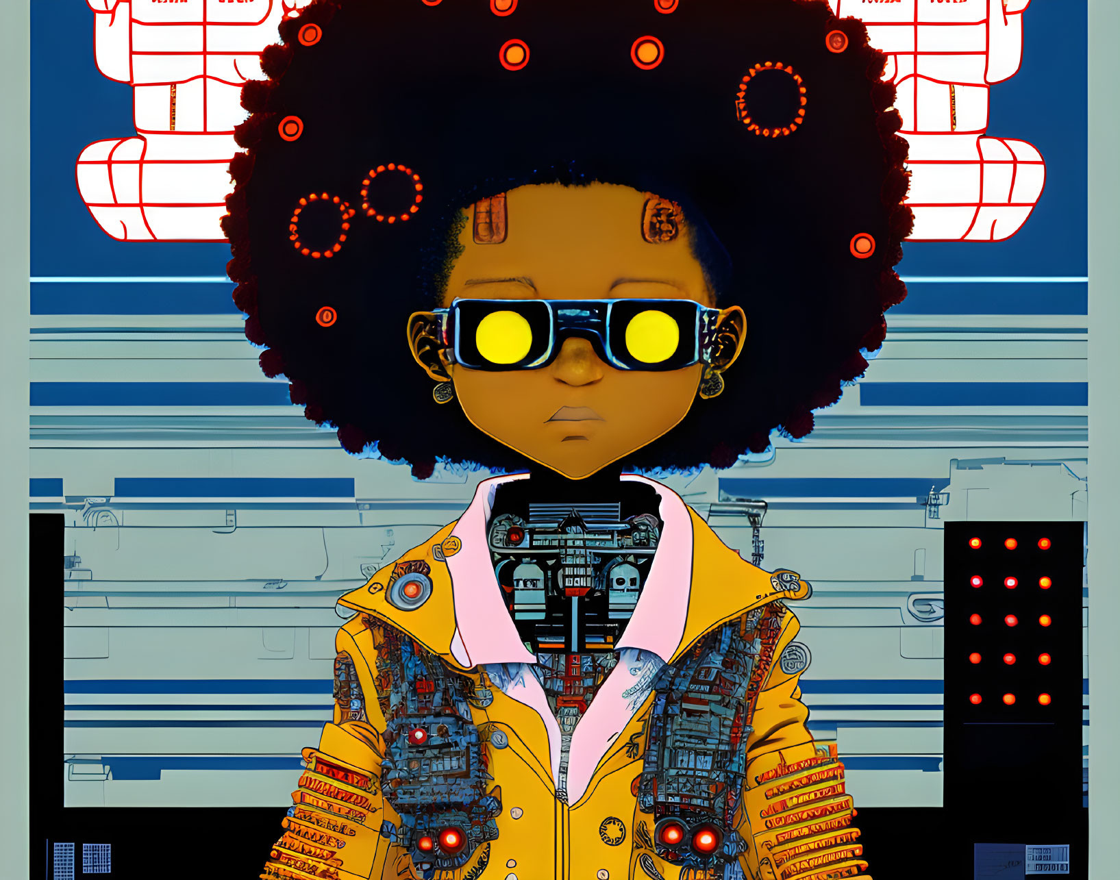 Stylized digital artwork of young girl with afro and futuristic attire