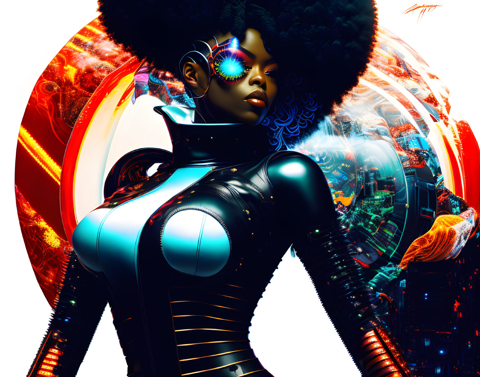 Futuristic woman in black suit with blue highlights against neon cityscape.