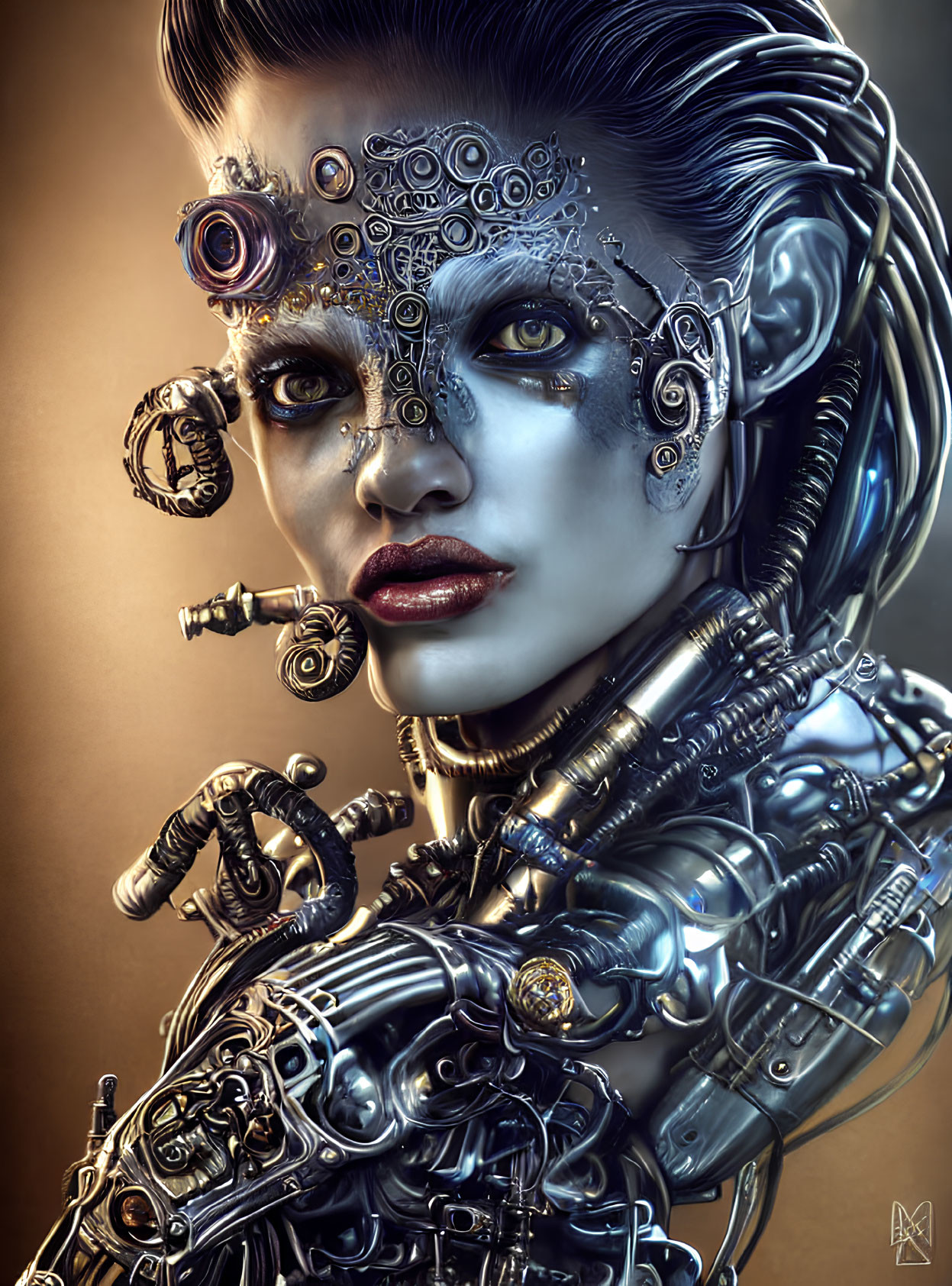 Detailed Female Cyborg with Mechanical Components and Cybernetic Eye