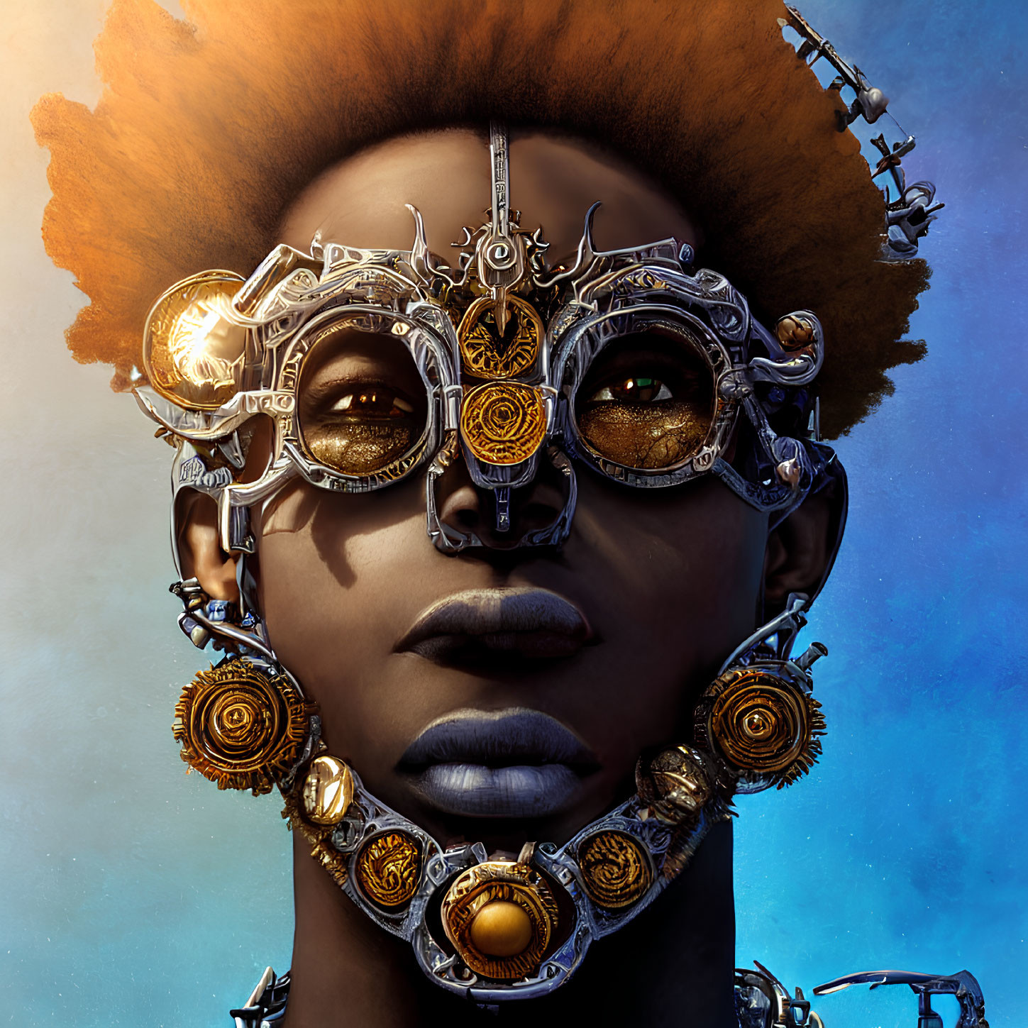 Digital artwork of individual with afro in steampunk-style goggles and jewelry