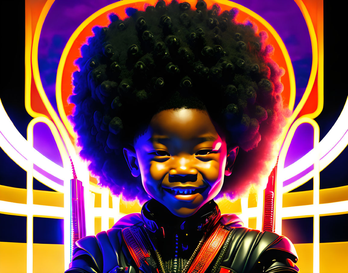 Colorful digital artwork of smiling child with afro in futuristic outfit against neon backdrop