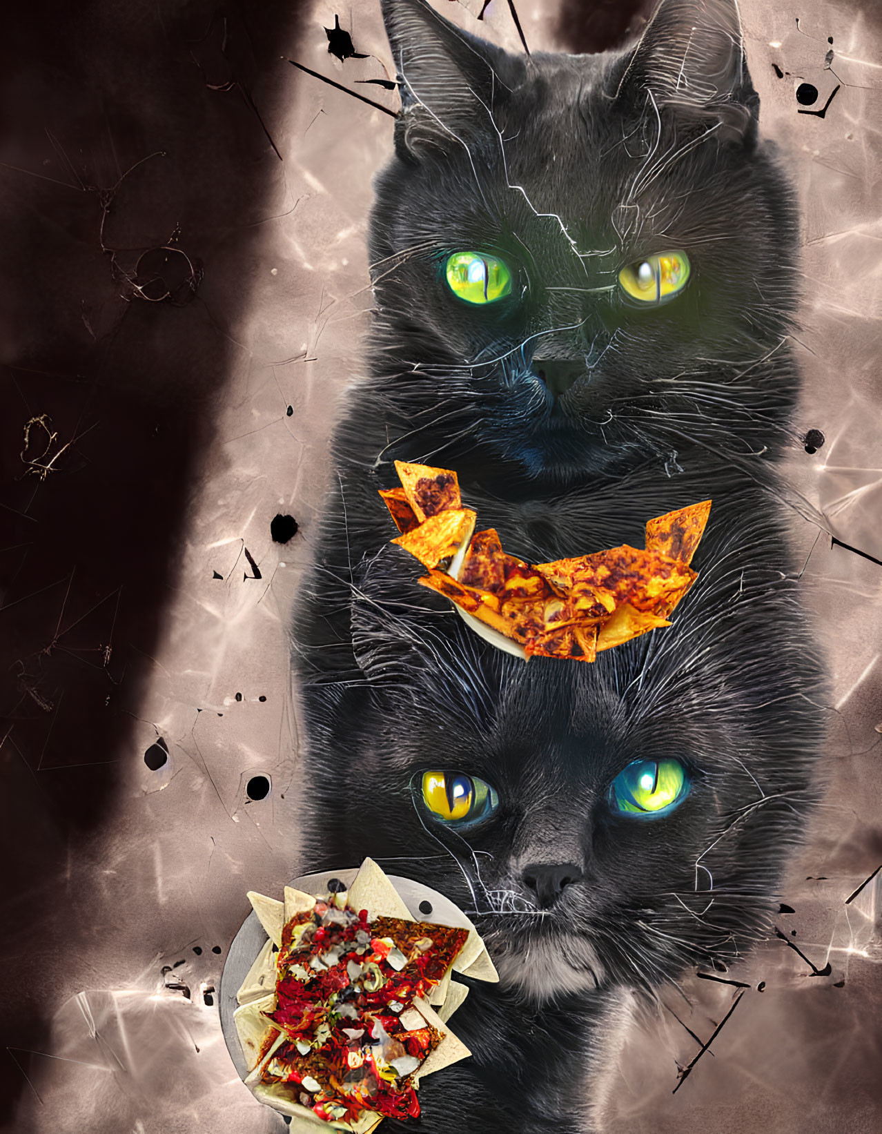 Surreal collage featuring black cat with green eyes and pizza slice collar on grunge-style backdrop