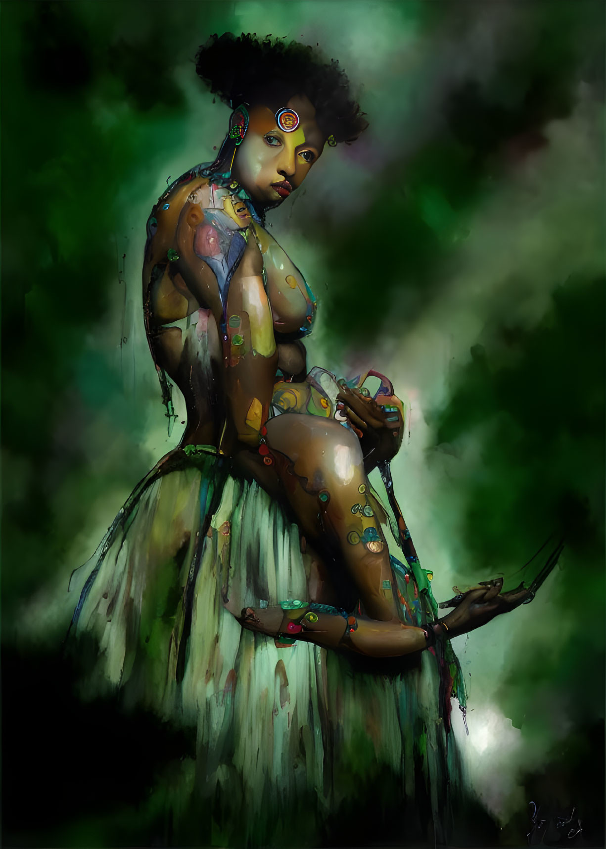 Fantastical dark-skinned woman with colorful body art in green skirt on mystical backdrop