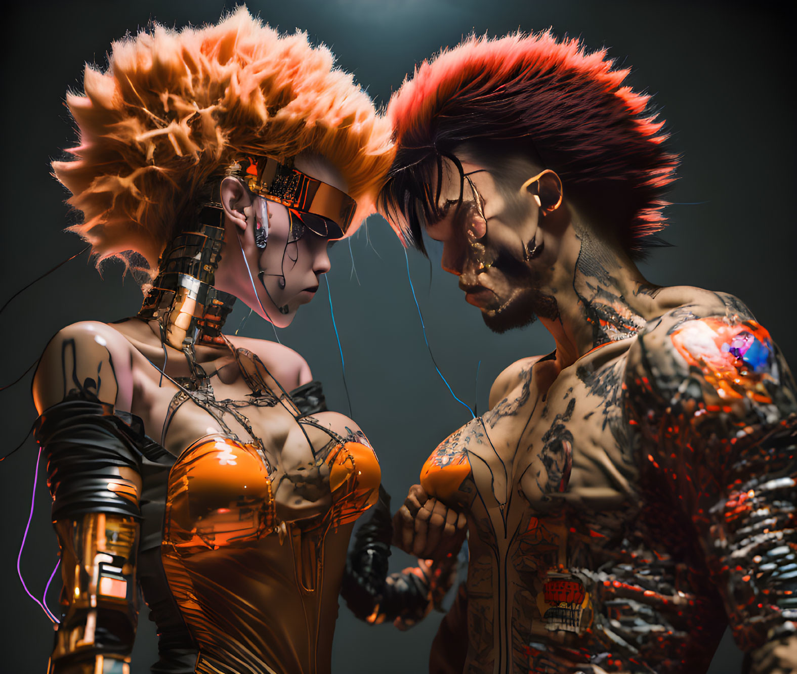 Futuristic characters with vibrant mohawks in golden and silver outfits