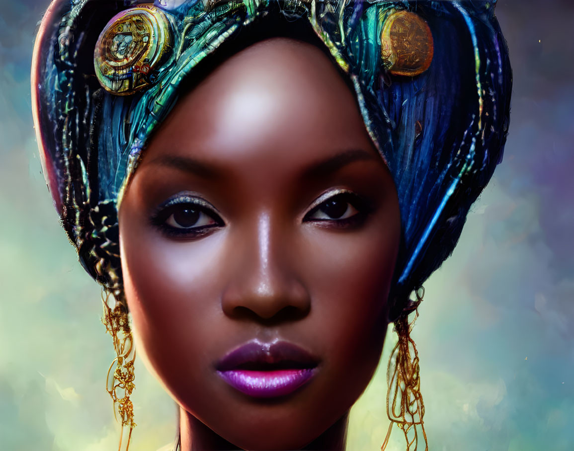 Colorful headwrap and striking makeup on regal woman with metallic ornaments.