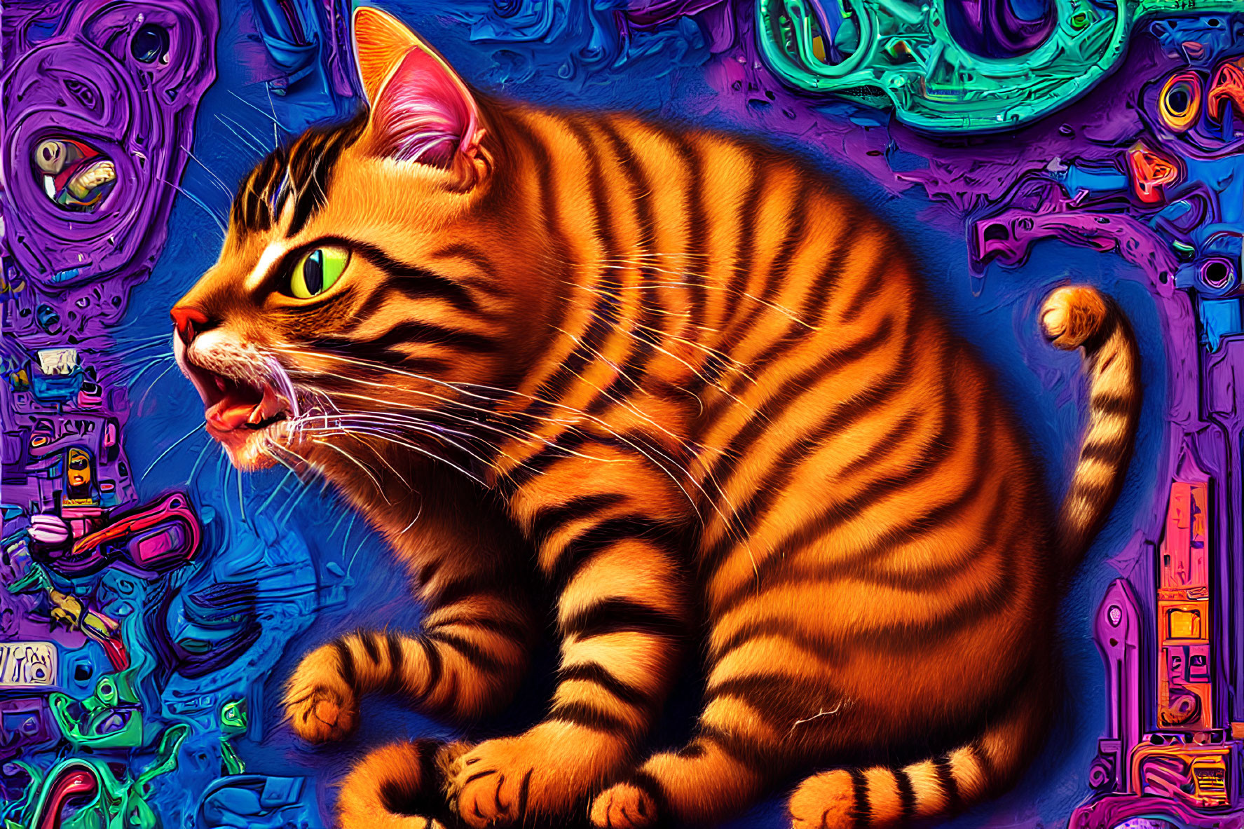 Colorful digital artwork: Orange striped cat on abstract background with neon machinery elements