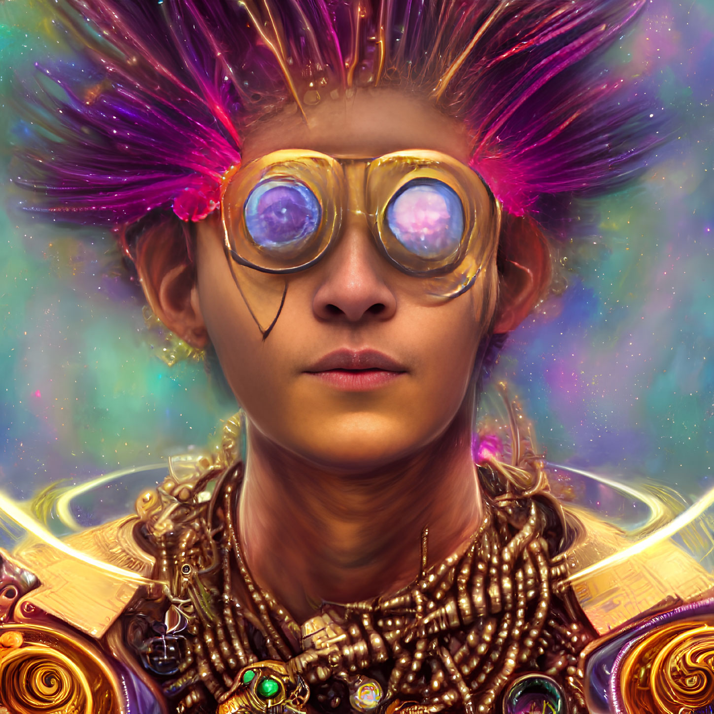 Futuristic goggles, purple headpiece, gold neck attire on cosmic background