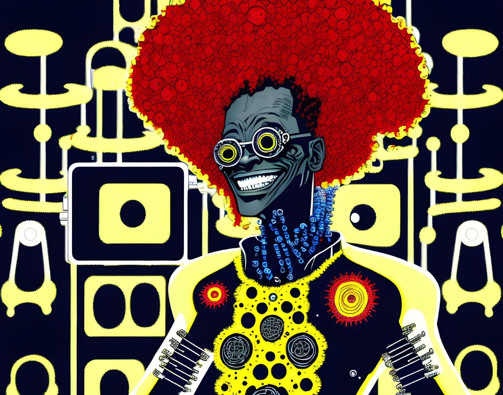 Colorful digital art: stylized figure with red afro and round glasses on geometric backdrop.