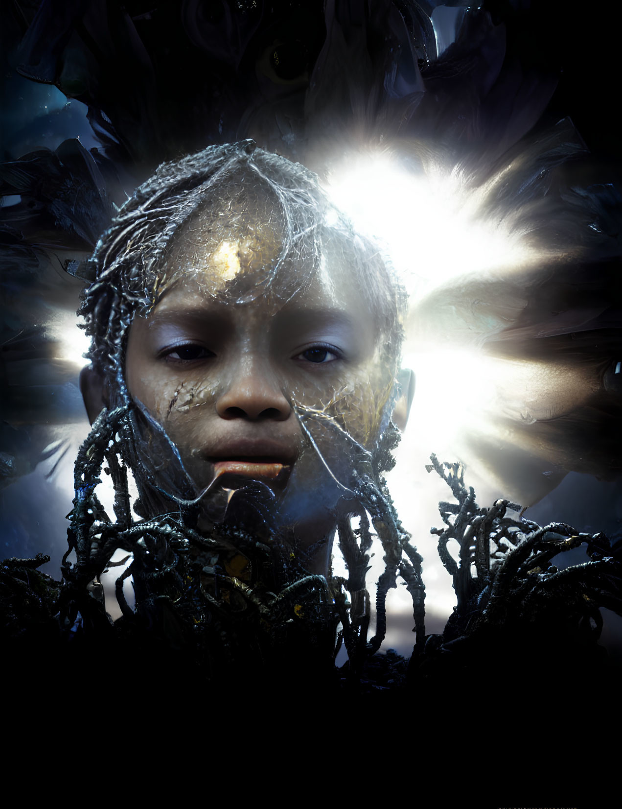 Child with braided hair in mystical setting with dark branches and glowing light