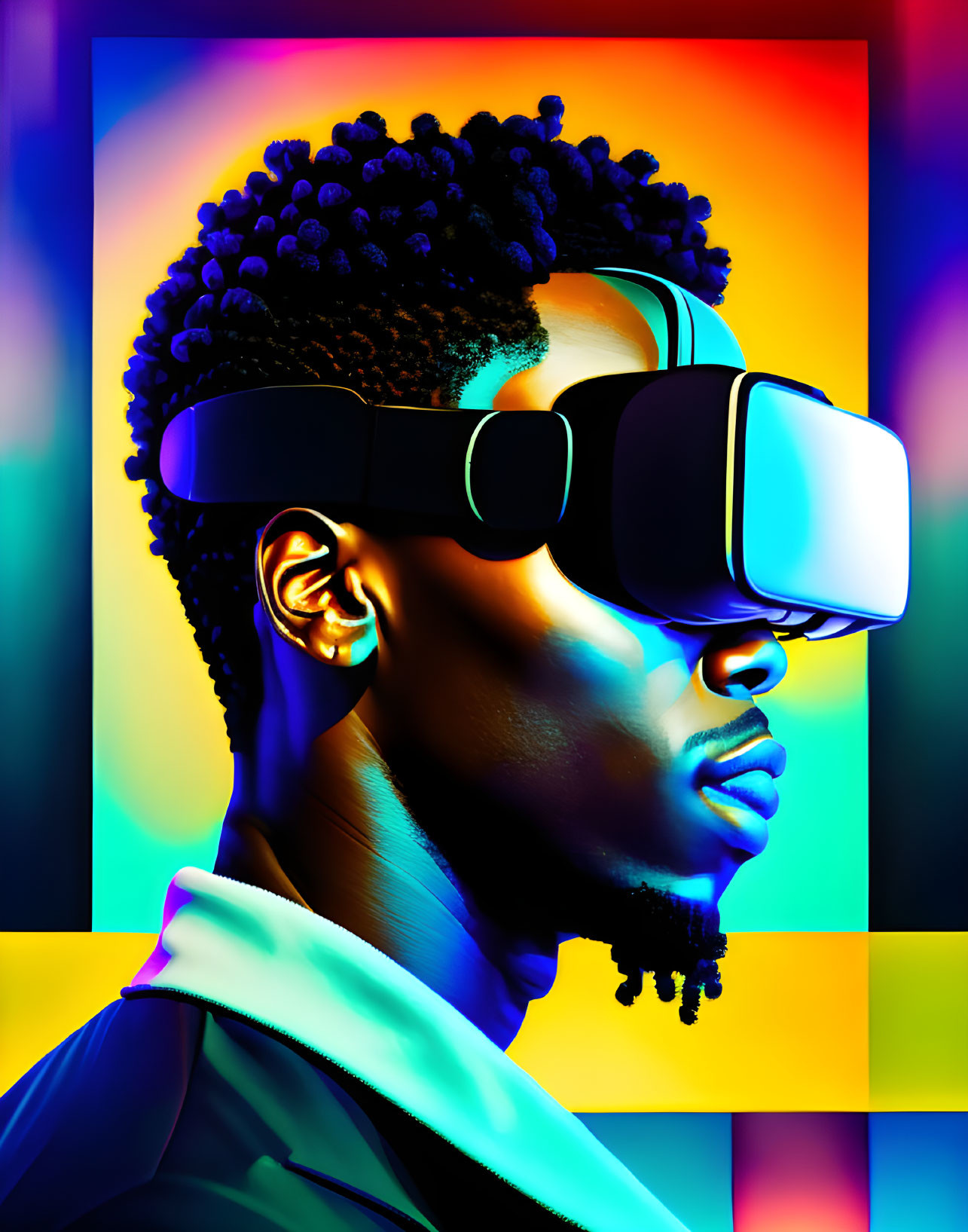 Curly-Haired Man in VR Glasses on Colorful Background