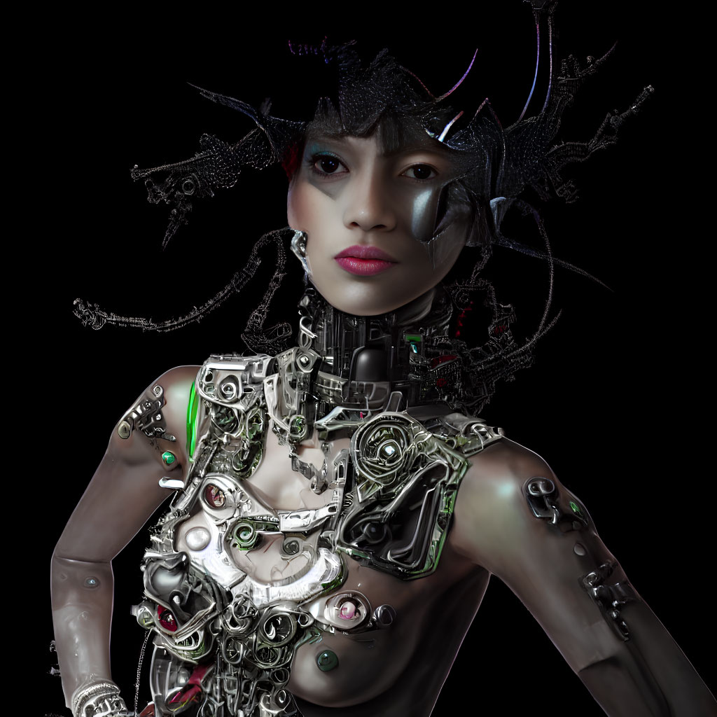 Female android with exposed mechanical parts and metallic patch, wearing headpiece