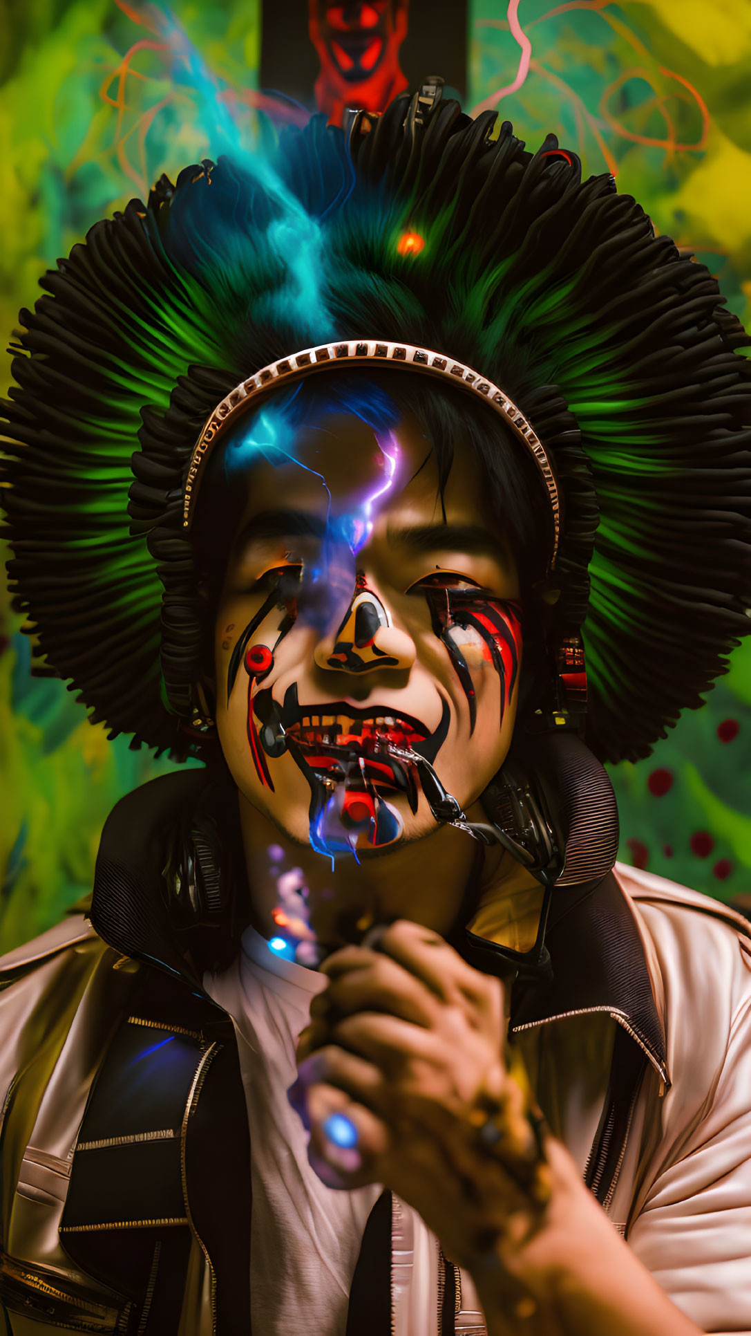 Intense person with dramatic face paint and headdress against colorful backdrop holding a light