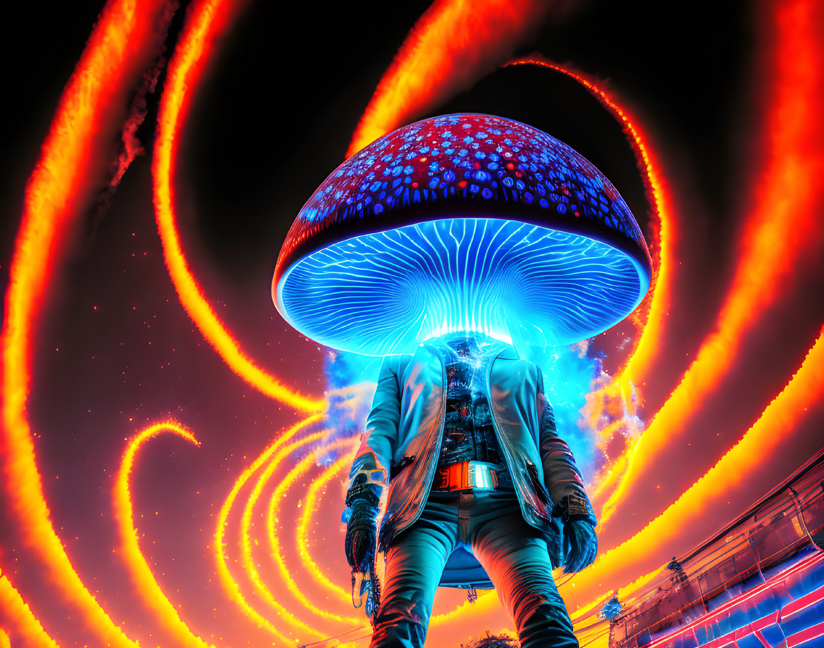 Person in Denim Jacket Under Giant Glowing Mushroom in Psychedelic Scene