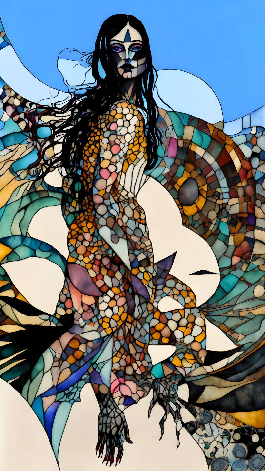 Colorful stained-glass style illustration of mystical figure with flowing hair and intricate wing-like cloak