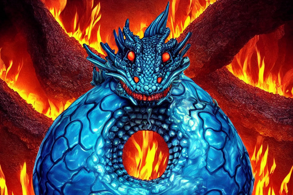 Blue Dragon with Red Eyes in Fiery Orange Flames