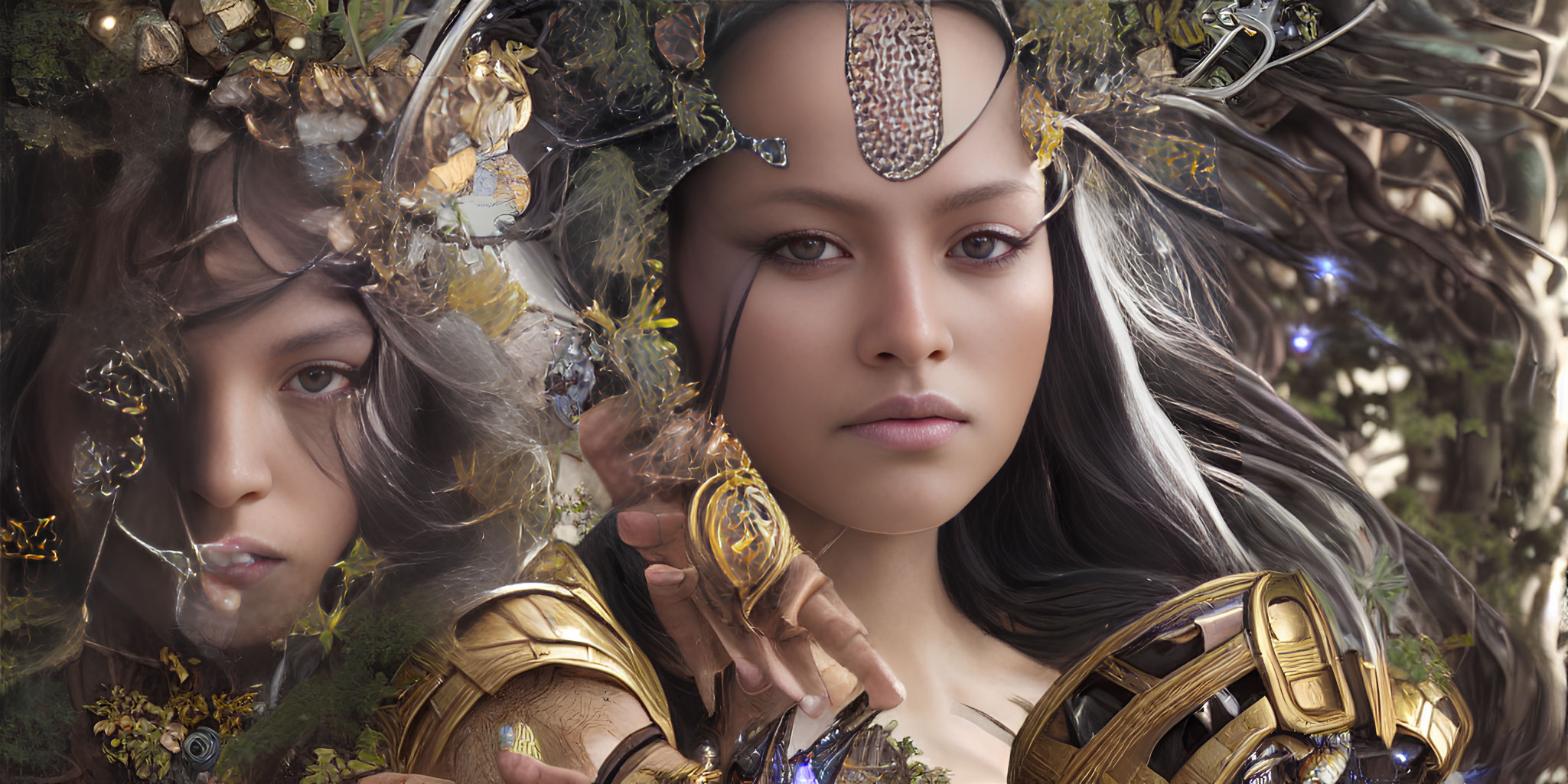 Detailed Digital Artwork: Female Figure in Fantastical Armor and Nature-Inspired Headdress