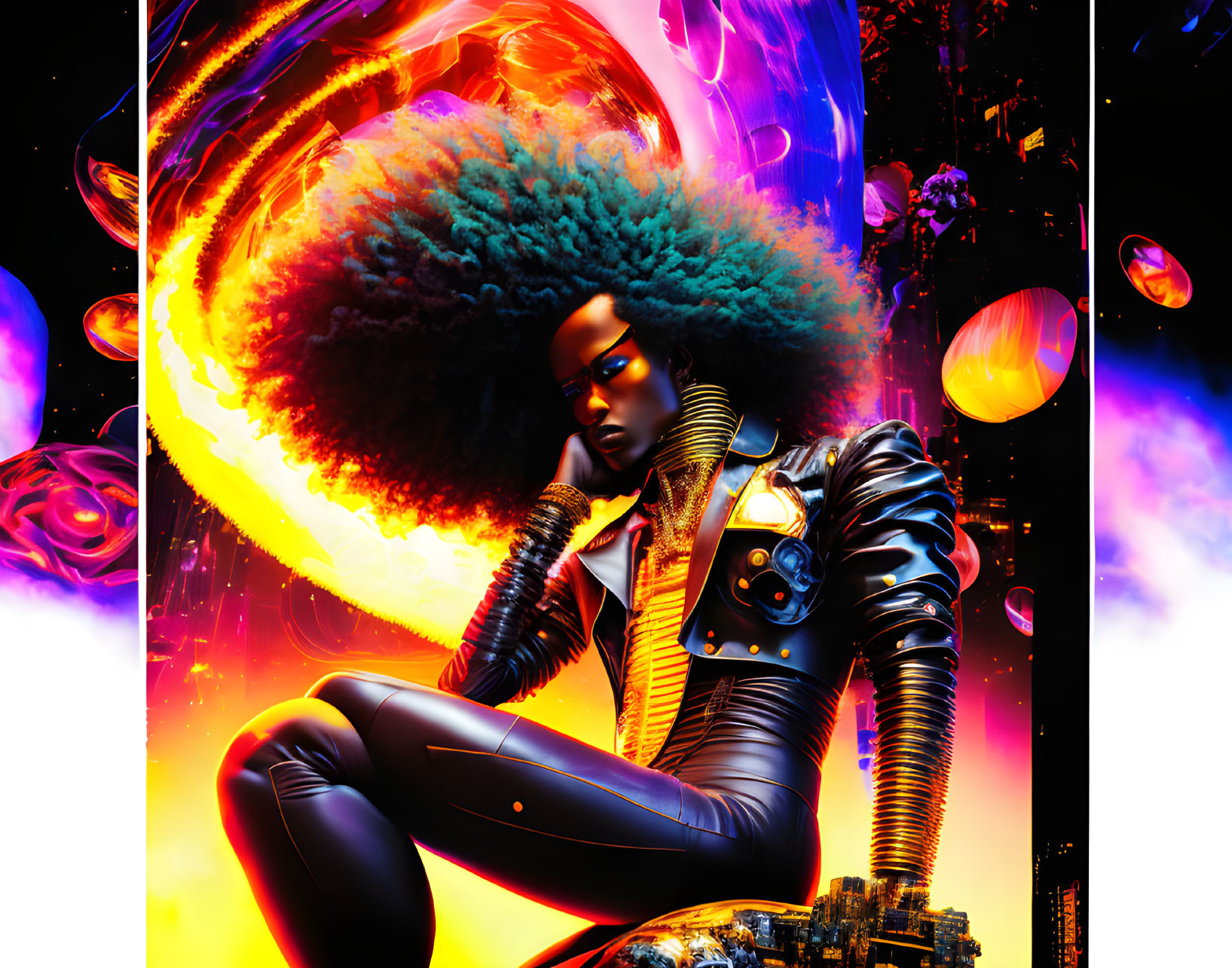 Futuristic woman in black and gold suit with afro in cosmic setting