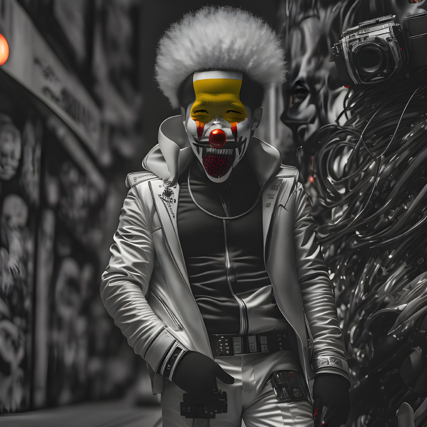 Clown mask person with camera in graffiti-covered setting