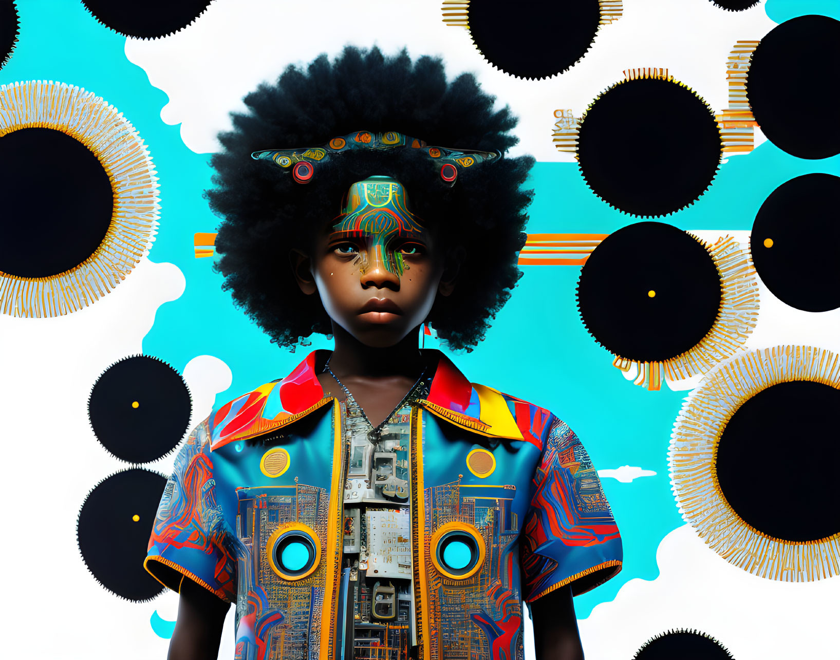 Child with Afro and Futuristic Face Paint in Vibrant Shirt with Abstract Circular Patterns