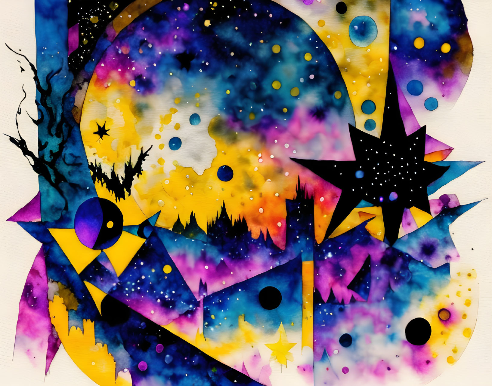 Vibrant Abstract Watercolor Painting: Cosmic Galaxy Motifs in Yellow, Blue, Purple