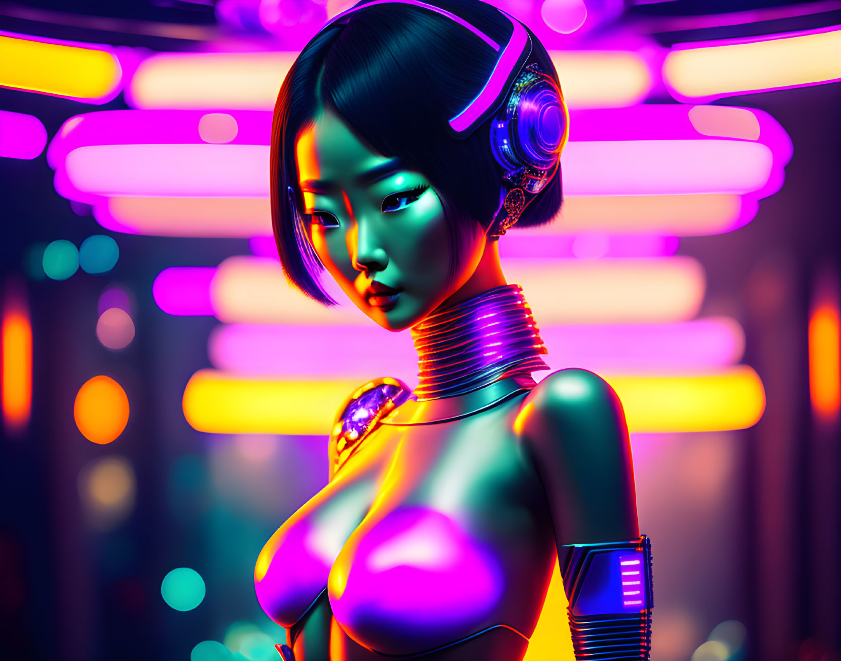 Futuristic female android with neon lights and high-tech accessories