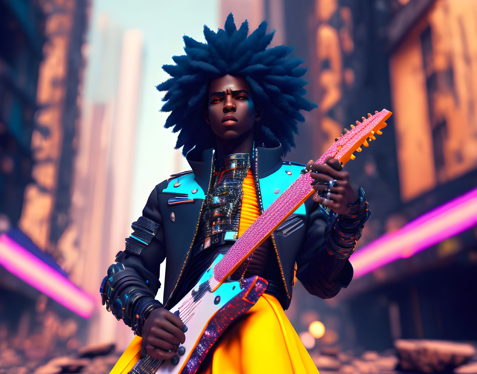 Blue Spiked Hair Character with Futuristic Guitar in Neon Cityscape