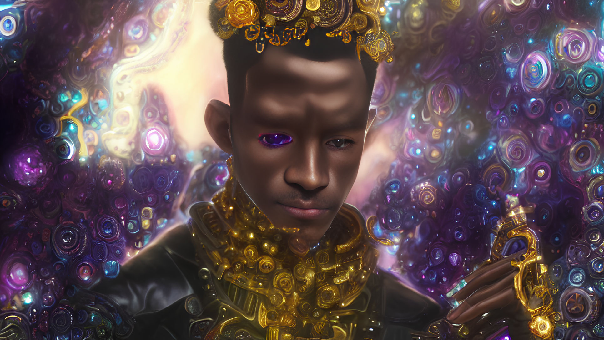 Digital art portrait featuring person with purple eyes in gold attire against cosmic backdrop