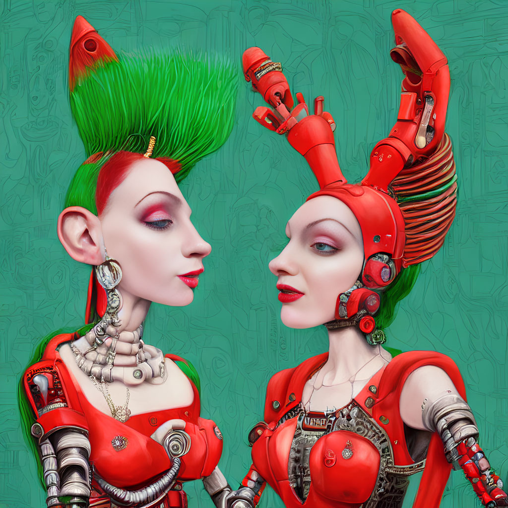 Stylized female figures with mechanical parts and vibrant hair on teal background