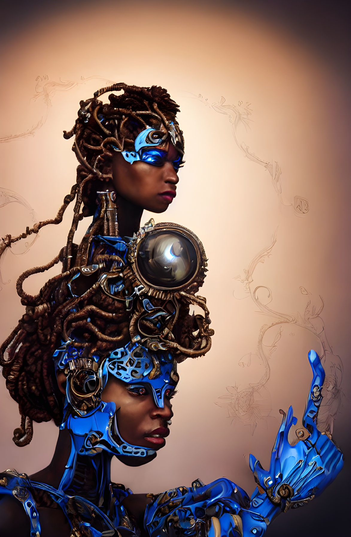 Character with cyberpunk style: blue mechanical parts, dreadlocks with blue highlights, circular eye lens