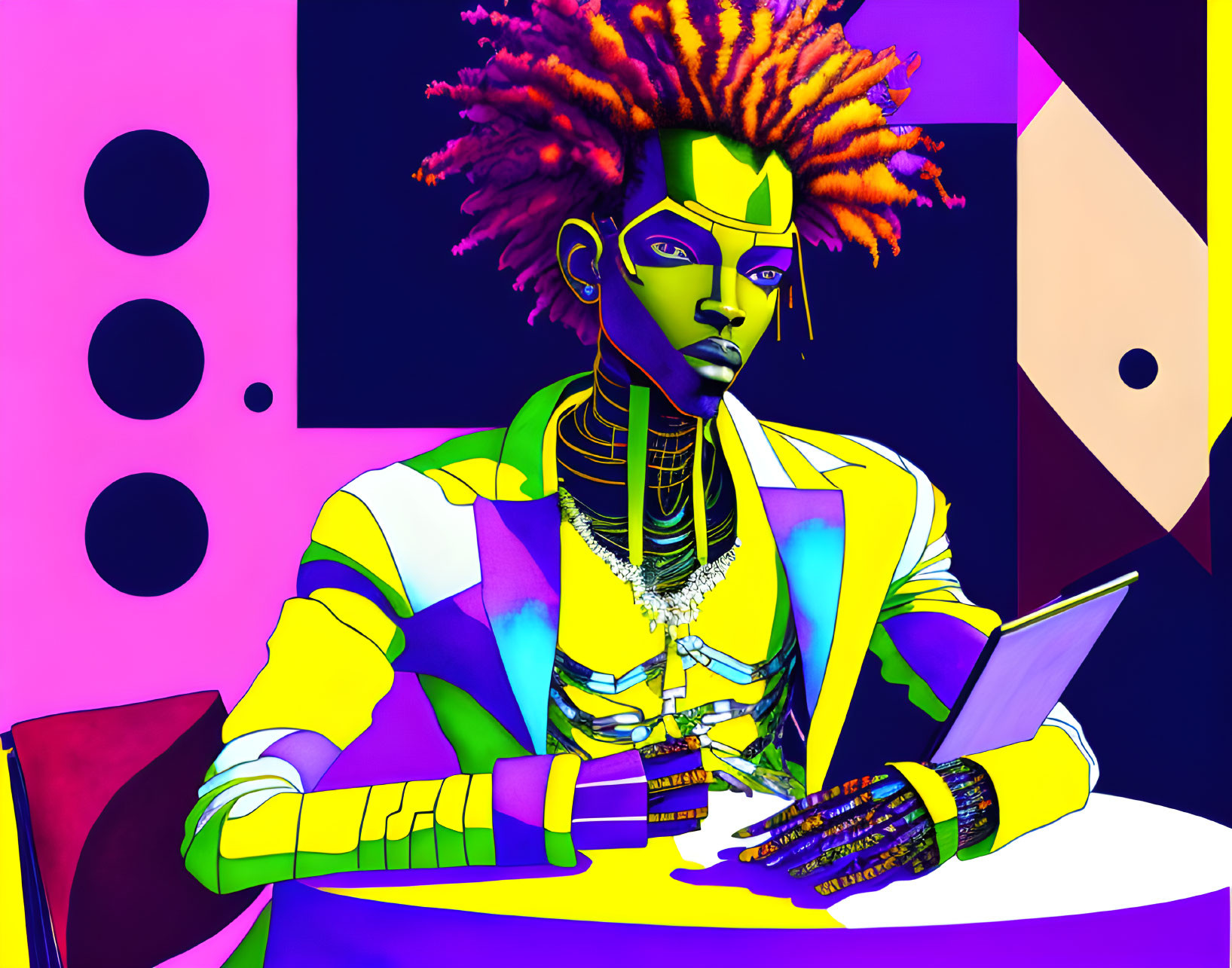 Colorful digital artwork of a character with ornate face paint and futuristic attire on geometric background