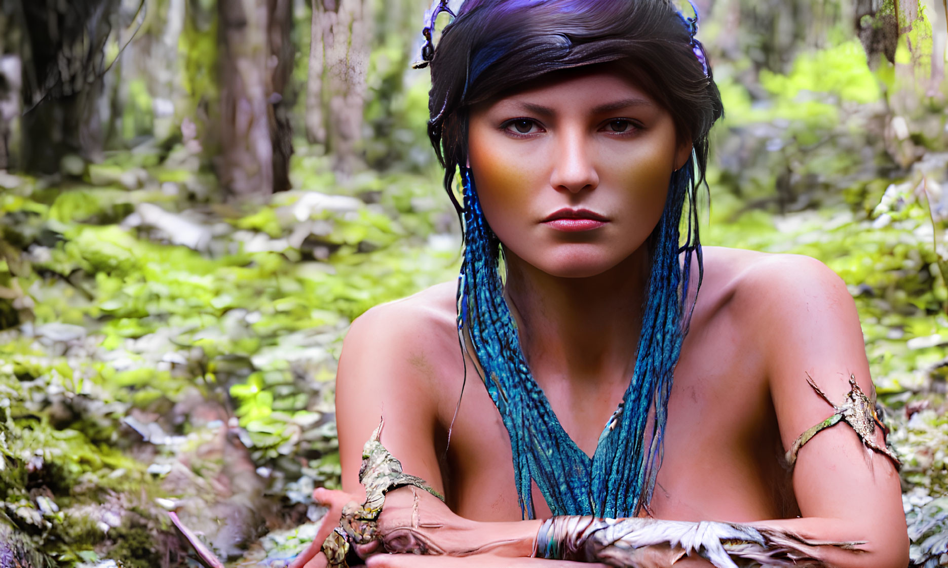 Blue Hair Extensions and Tribal Body Makeup in Lush Forest Setting