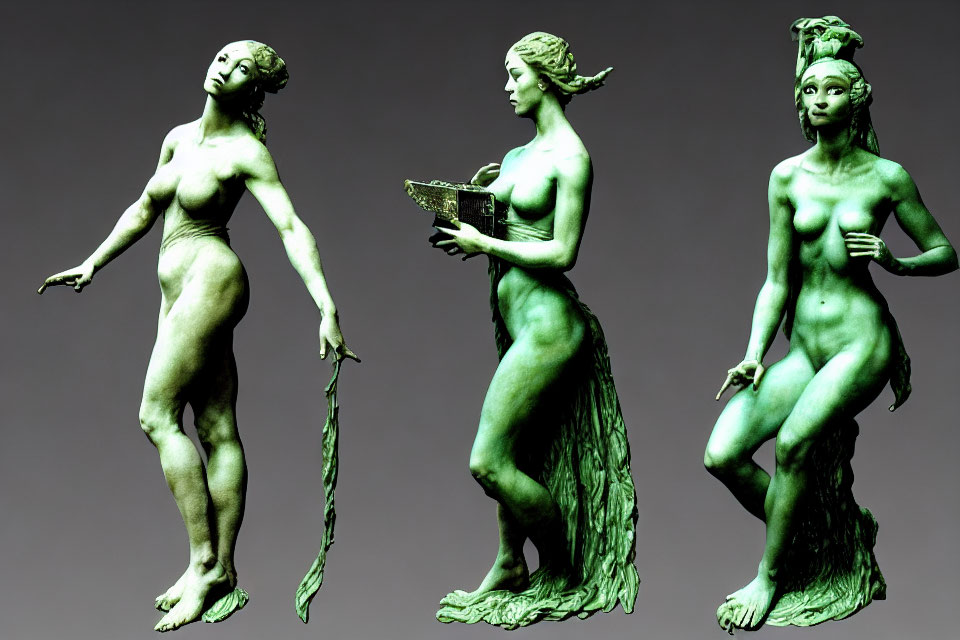 Classical female statues in various poses: staff, book, hand on hip