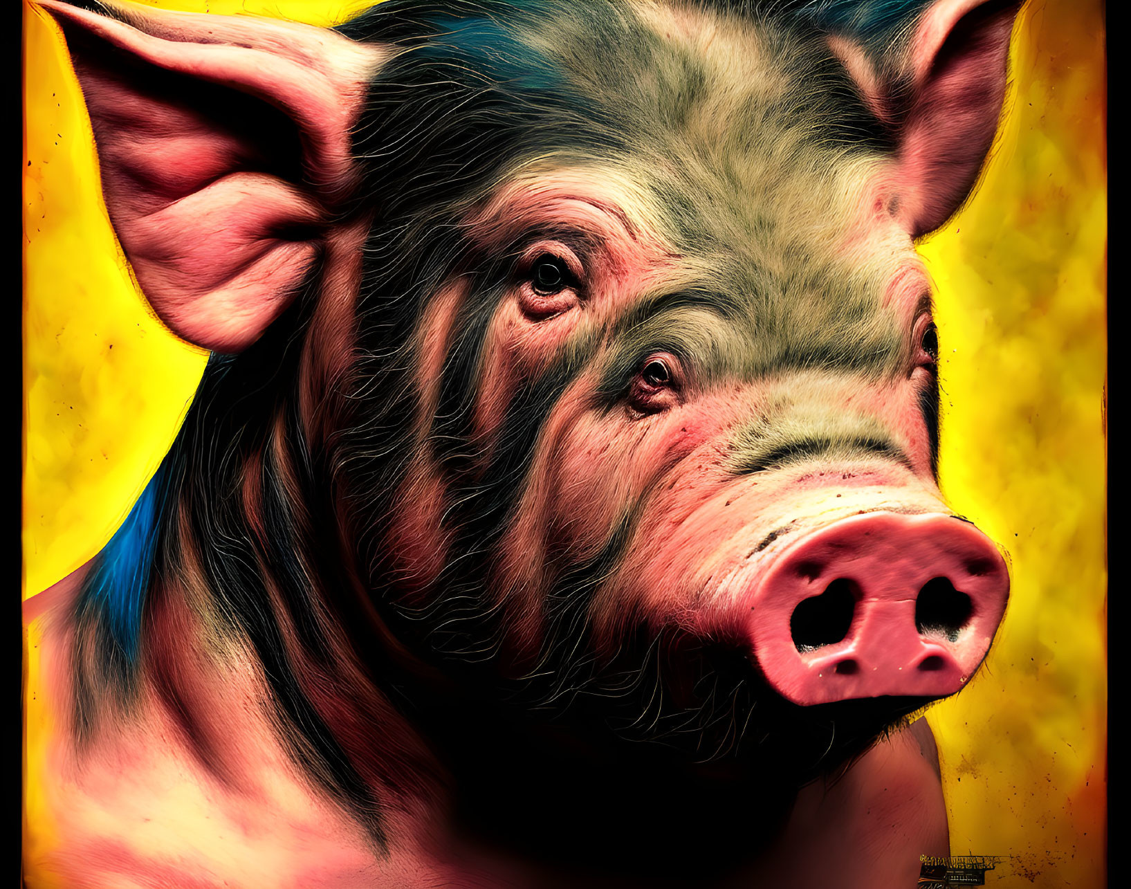 Colorful pig art with yellow and blue background.