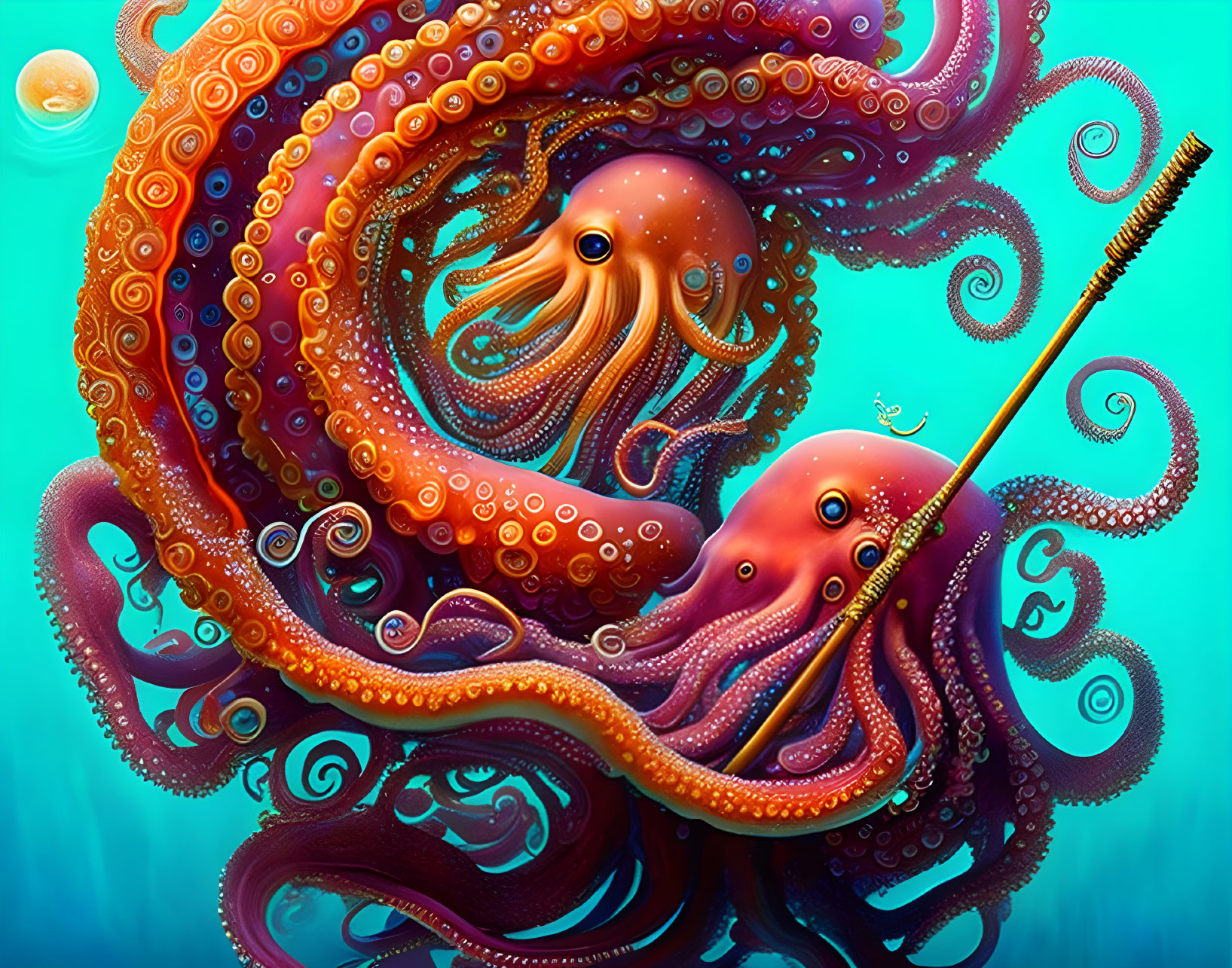 Colorful Octopuses Illustration: Vibrant, Intricate Tentacles in Deep Blue Ocean