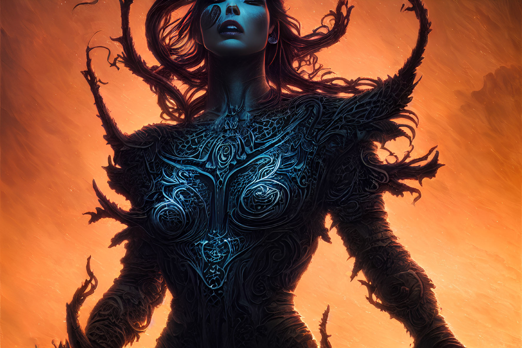 Detailed Digital Artwork of Fantasy Female Figure in Intricate Armor and Swirling Tendrils on