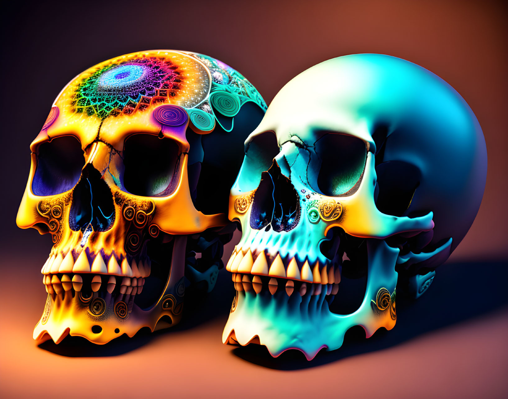 Colorful Skull Artwork with Intricate Patterns on Dark Background