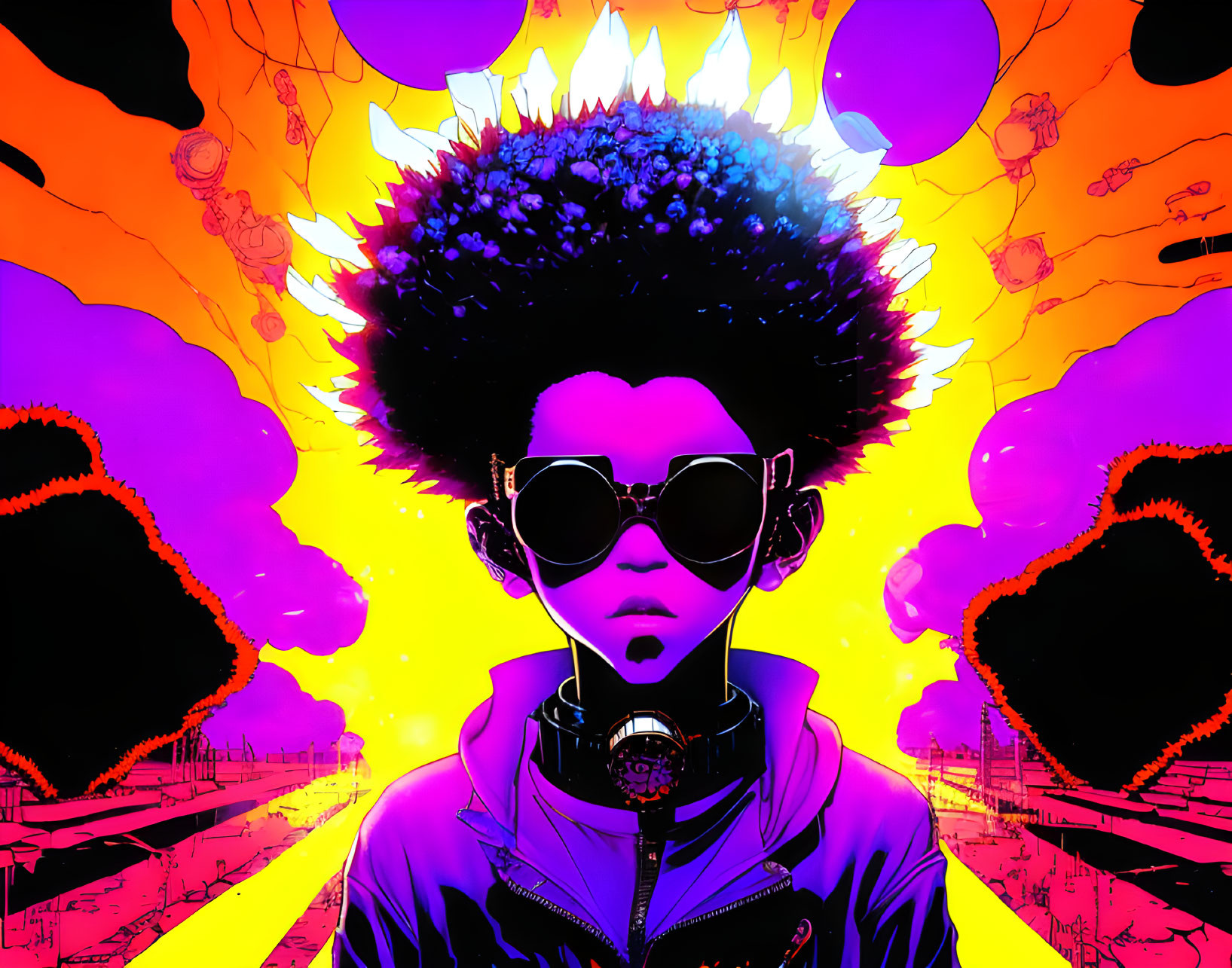 Colorful Afro Figure in Sunglasses on Neon Background