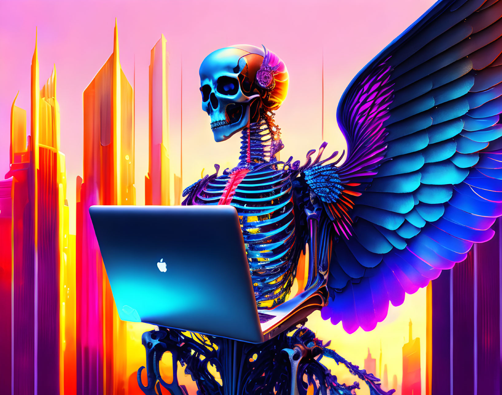 Skeleton with blue wings typing on laptop in neon cityscape