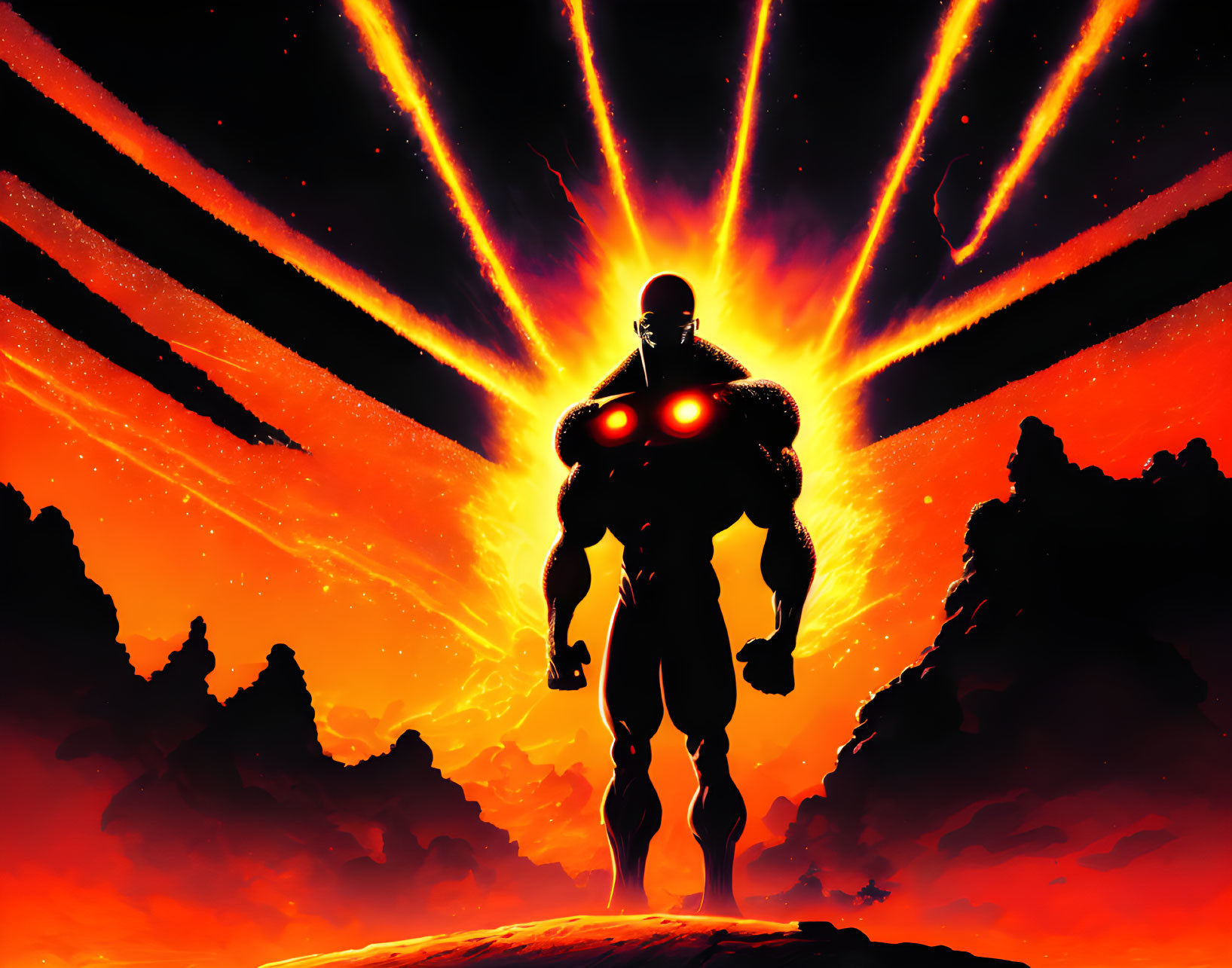 Muscular silhouette against fiery sky with meteor streaks on rocky terrain