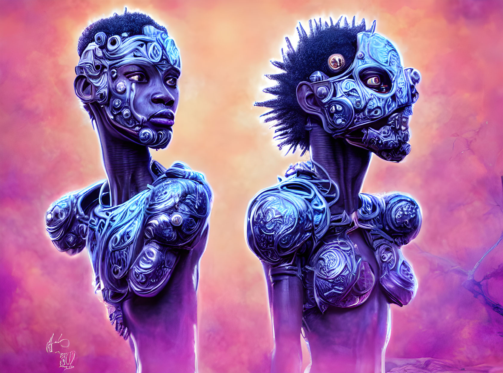 Futuristic African warriors with intricate body markings and armor on purple backdrop