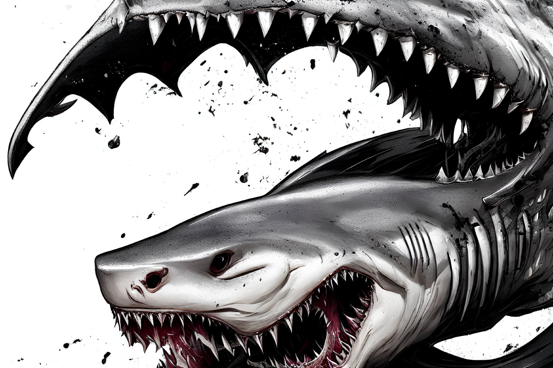 Stylized grayscale shark with sharp teeth and splatter effects