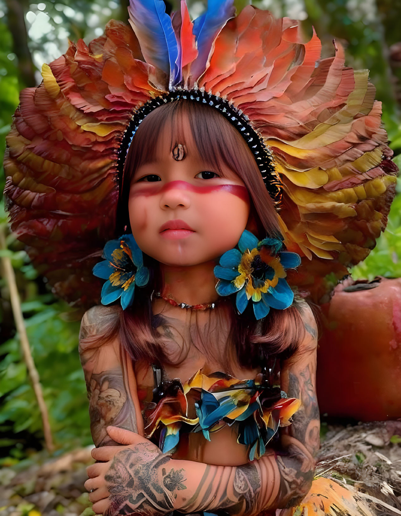 Child with face paint and feather headdress in nature pose