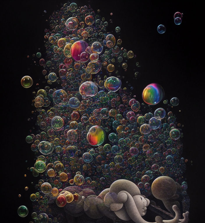 Colorful bubbles float around person in surreal artwork