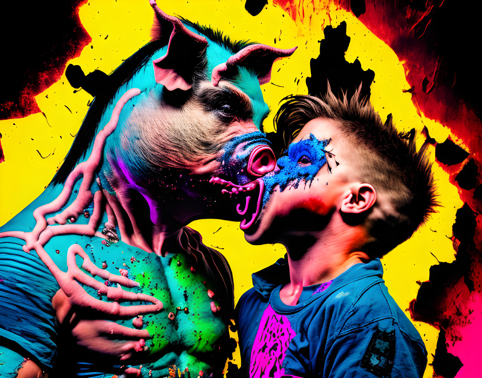 Artwork of person with pig's head and child with colorful splashes in intimate pose.
