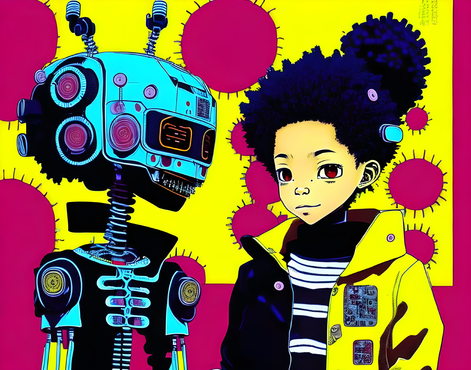 Vibrant boy with afro and whimsical robot on colorful backdrop