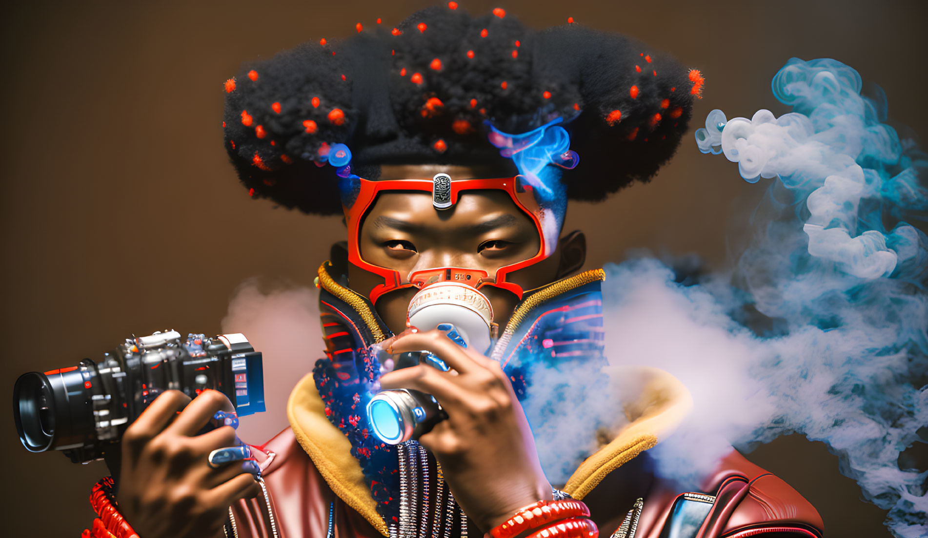 Elaborate Red Samurai Armor with Camera in Blue Smoke