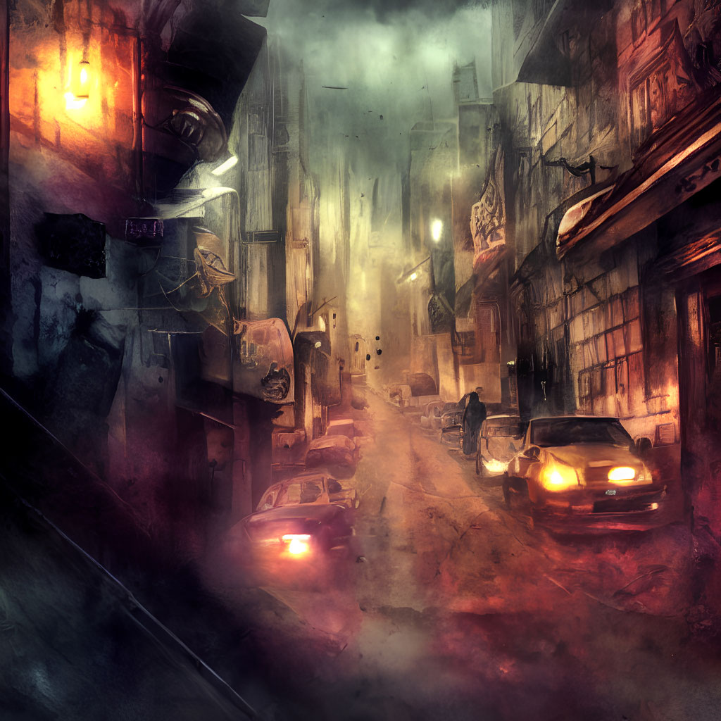 Dystopian alley with fog, glowing headlights, dilapidated buildings