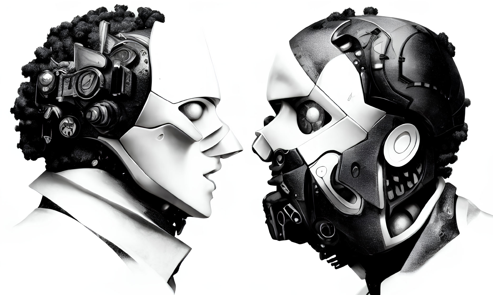 Dual profile portrait merging human and robotic features in monochrome