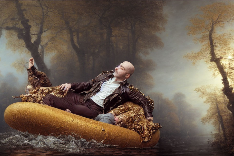 Man in casual attire reclining on gold-trimmed inflatable sofa in misty forest setting