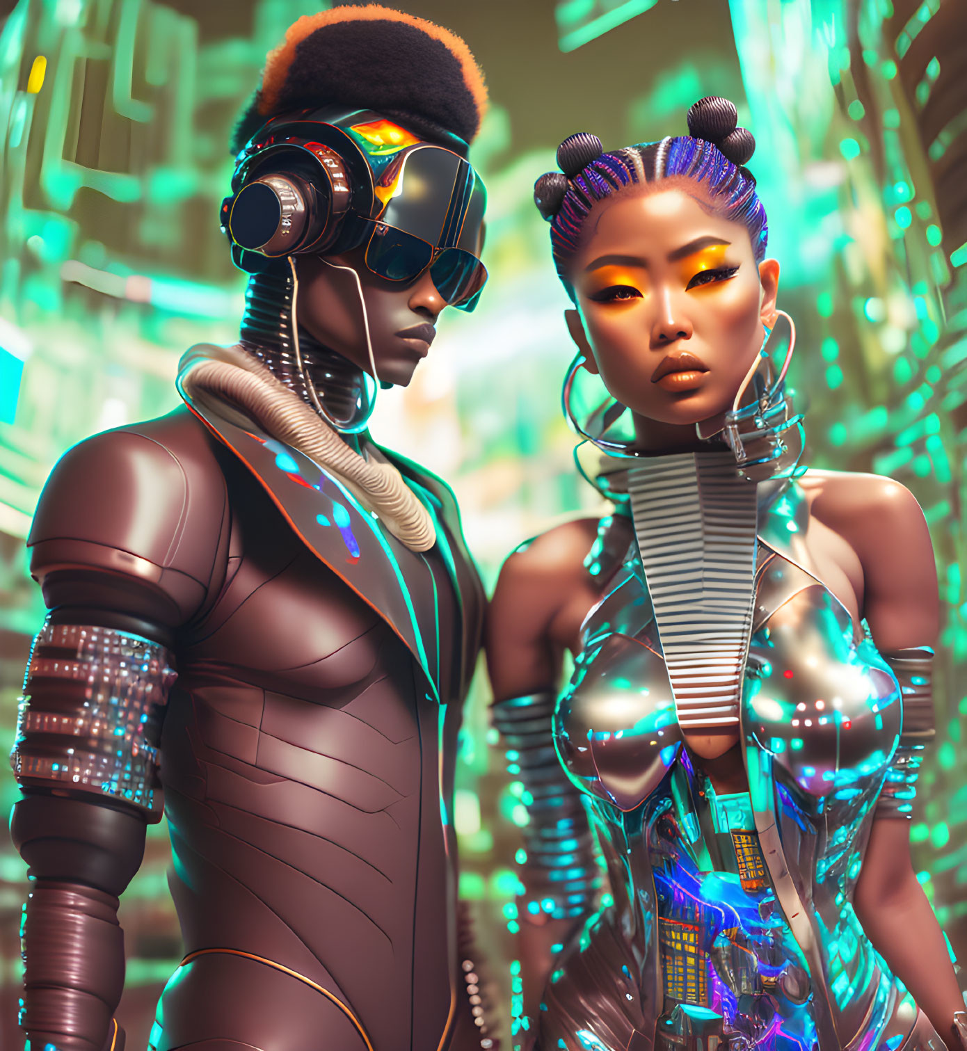 Futuristic androids in neon-lit cityscape with glowing elements